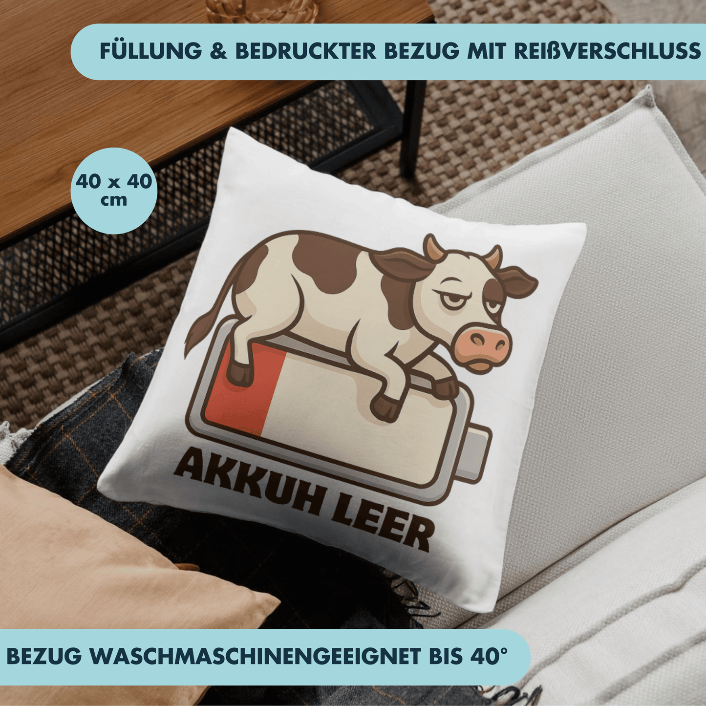 Akkuh Leer Kuh Akku Wortspiel Deko Kissen