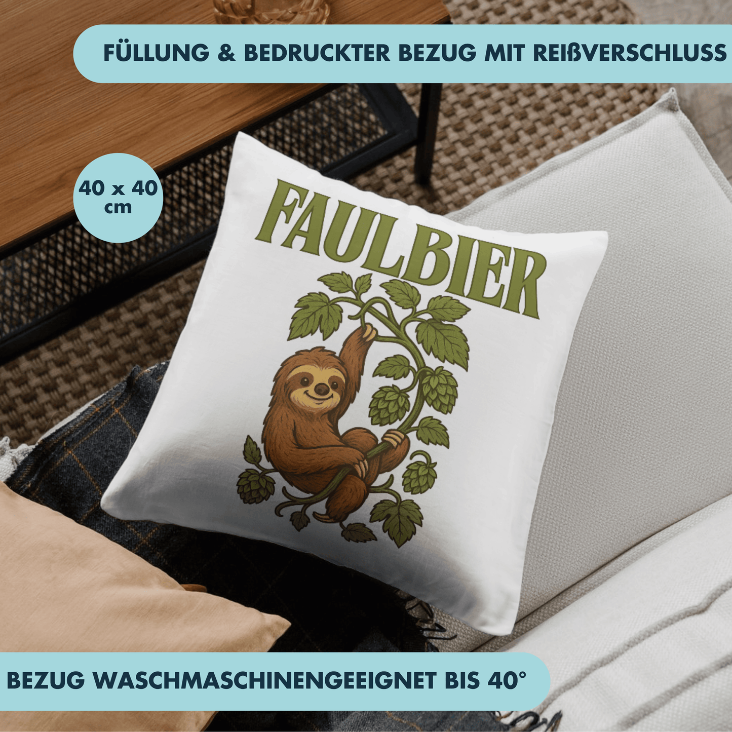 Faulbier Bier Faultier Wortspiel Deko Kissen