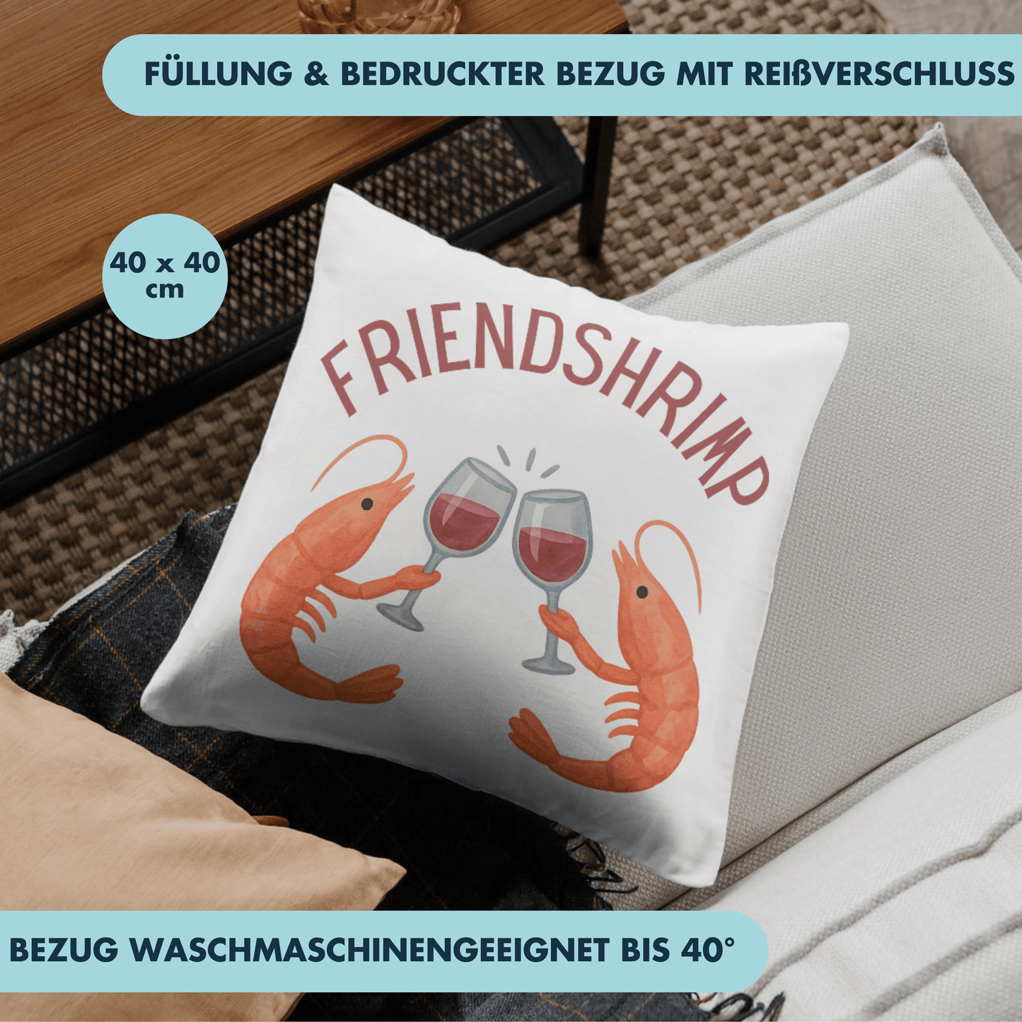 Friendshrimp Wortspiel Freundschaft Deko Kissen