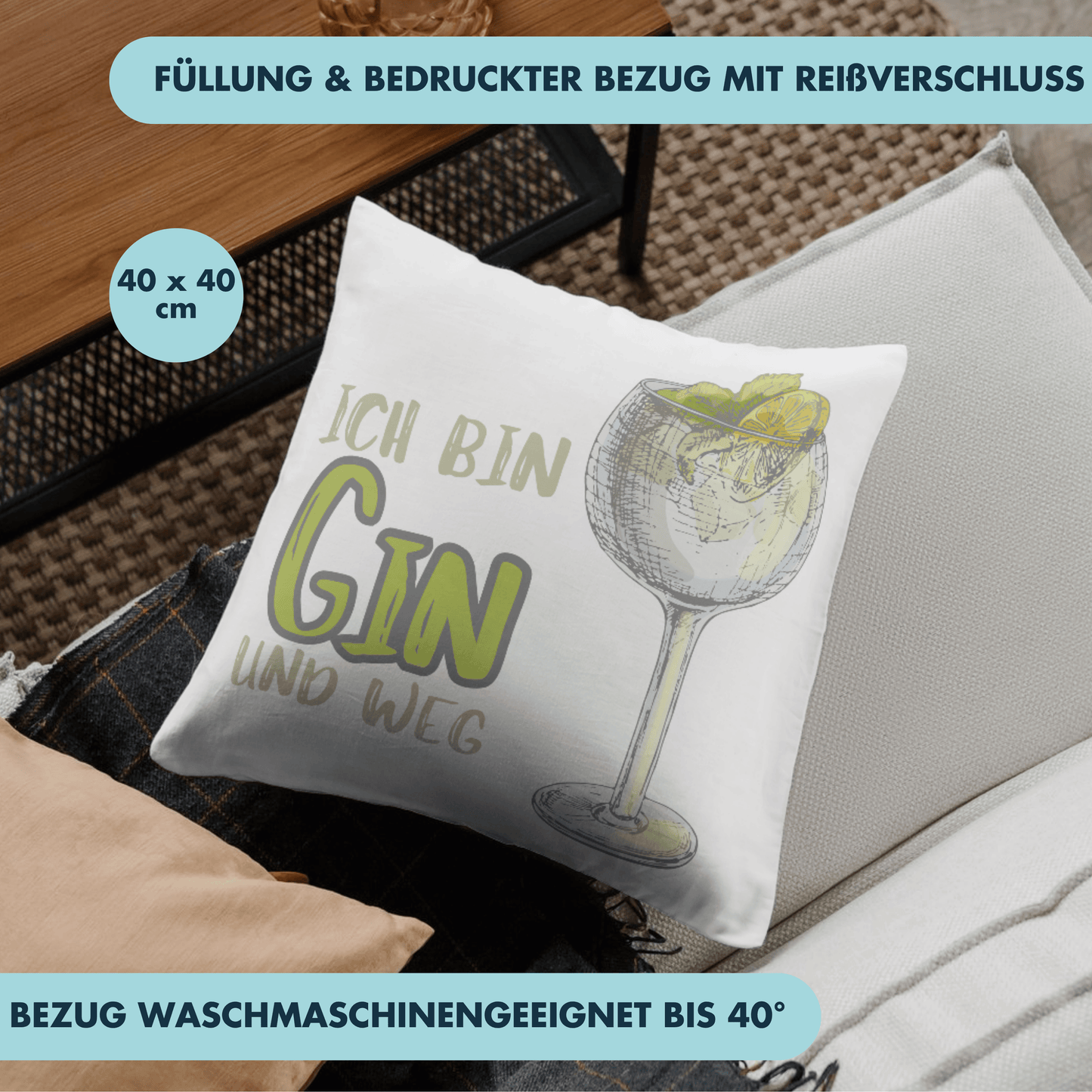 Ich Bin Gin Und Weg Tonic Cocktail Deko Kissen