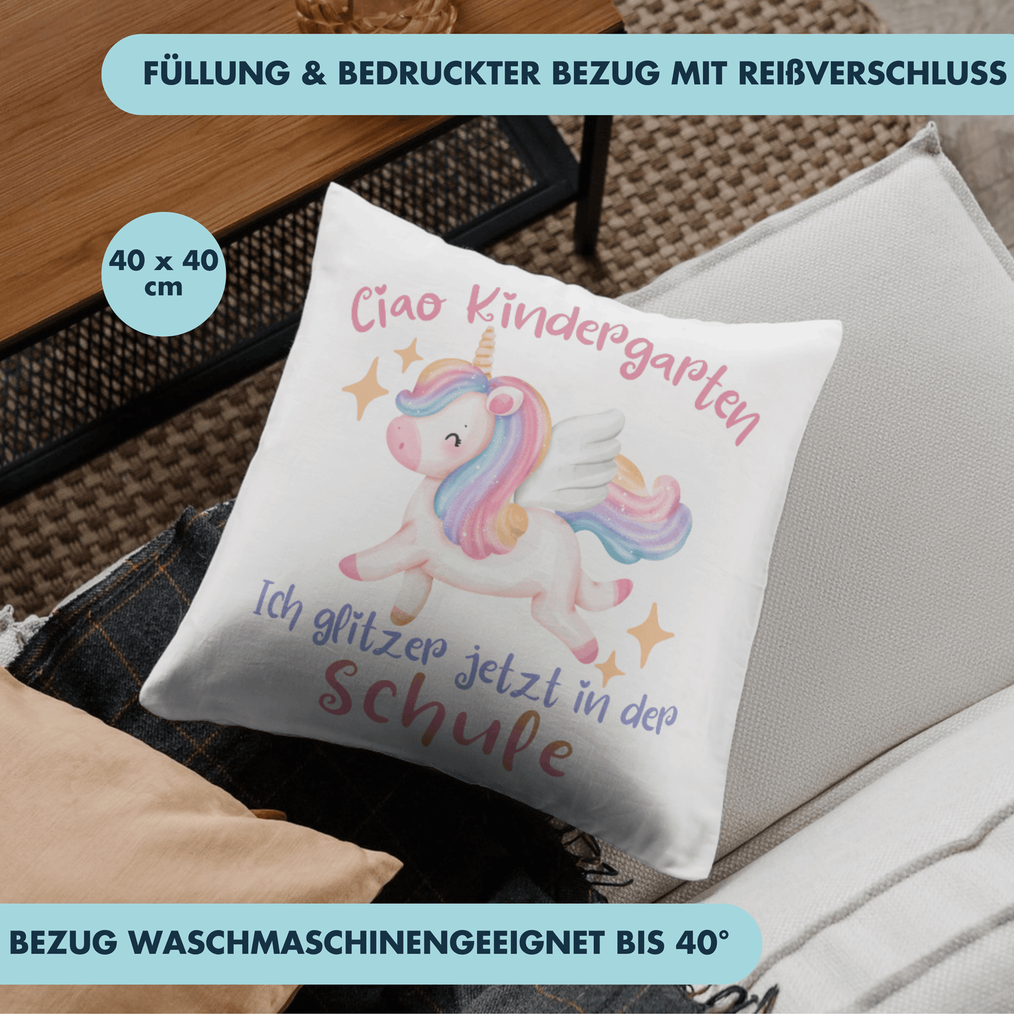 Ciao Kindergarten Ich Glitzer Jetzt In Der Schule Einhorn Einschulung Deko Kissen