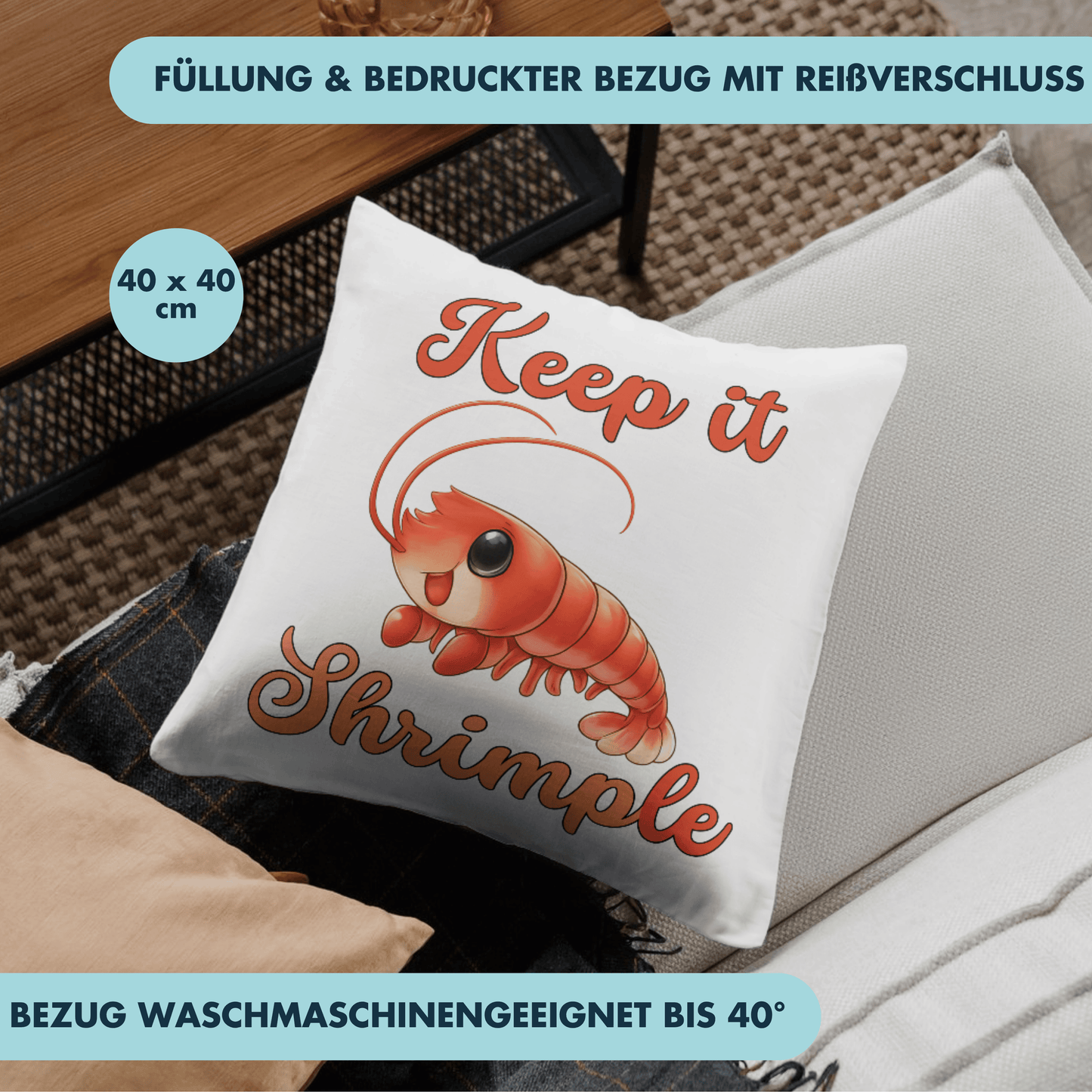 Keep It Shrimple Wortspiel Deko Kissen