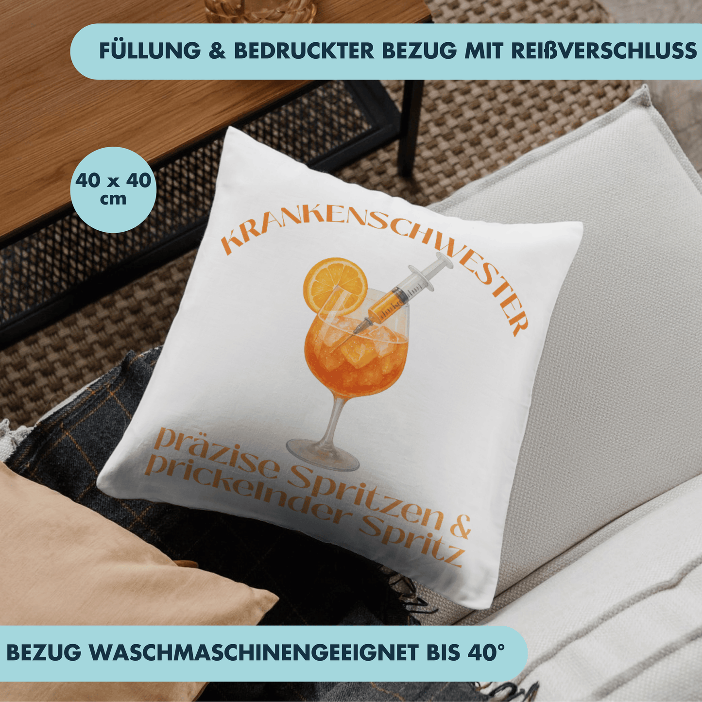 Krankenschwester Präzise Spritzen Und Prickelnder Spritz Cocktail Deko Kissen