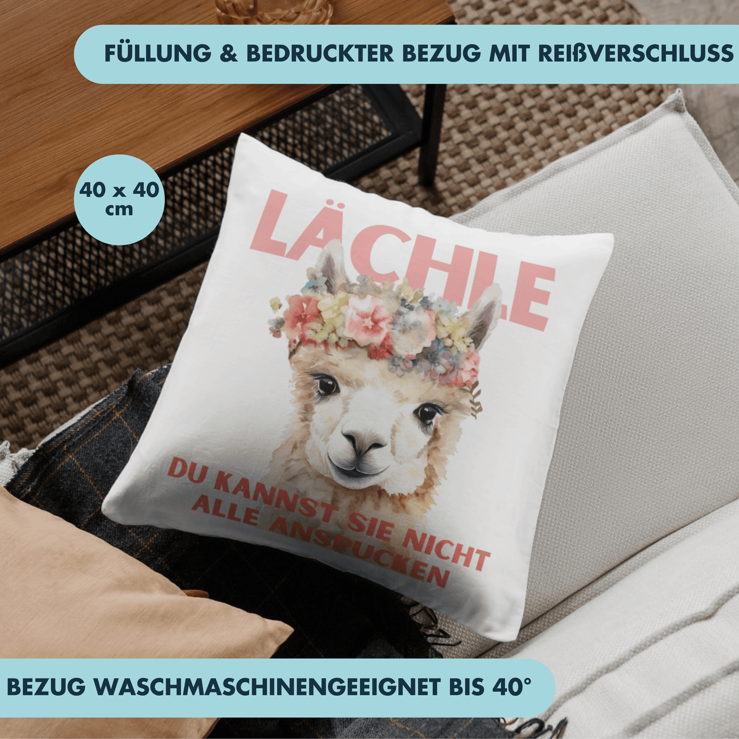 Lächle Du Kannst Sie Nicht Alle Anspucken Lama Alapaka Deko Kissen