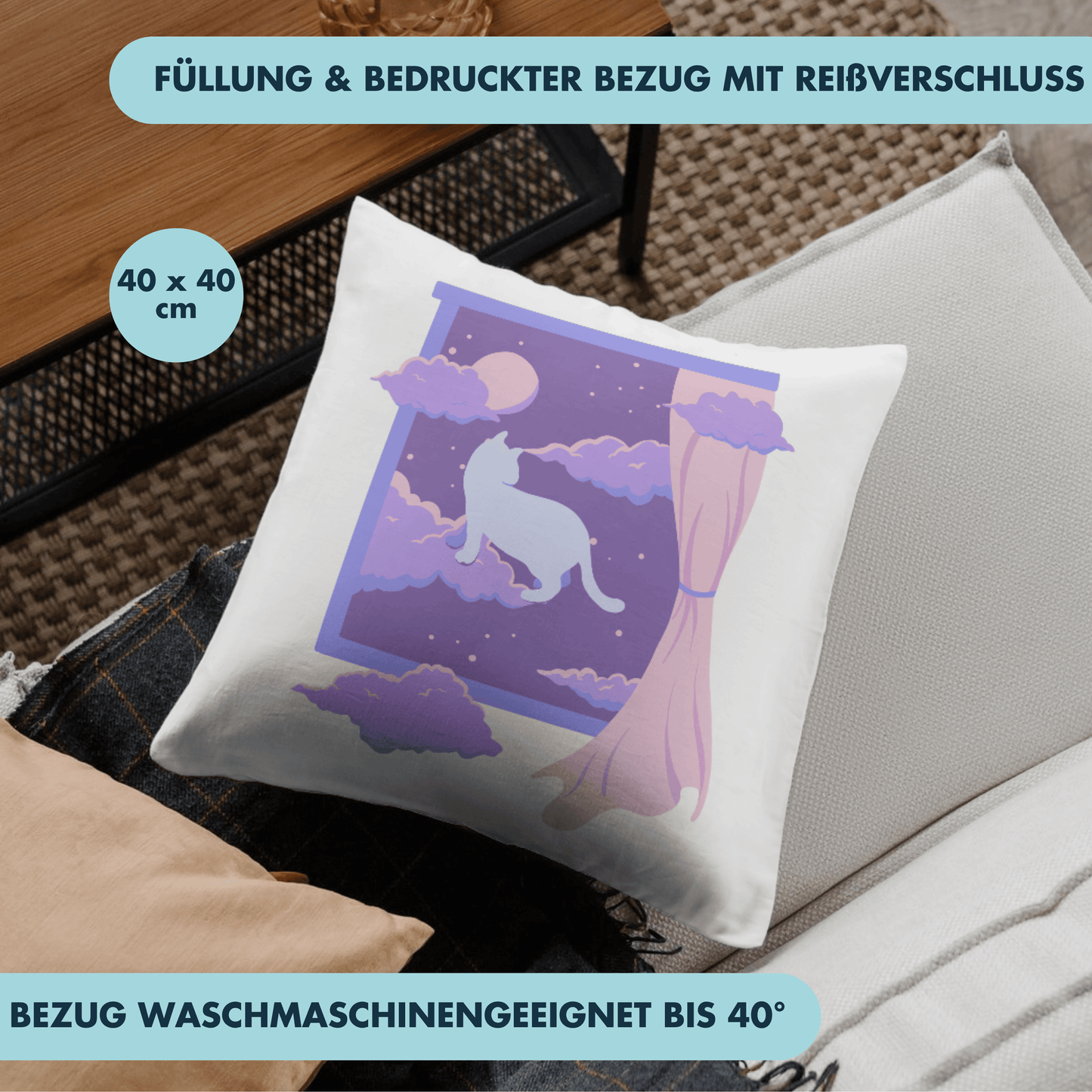 Lo-Fi Katze Nachthimmel Deko Kissen