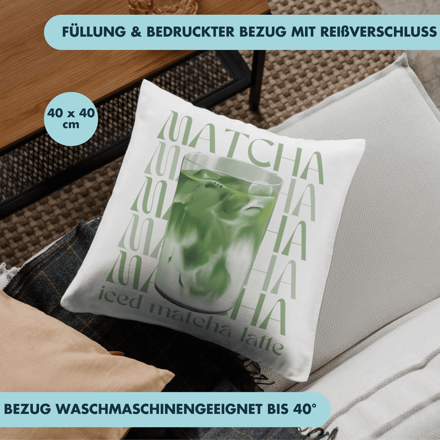 Iced Matcha Latte Trendgetränk Aesthetic Deko Kissen