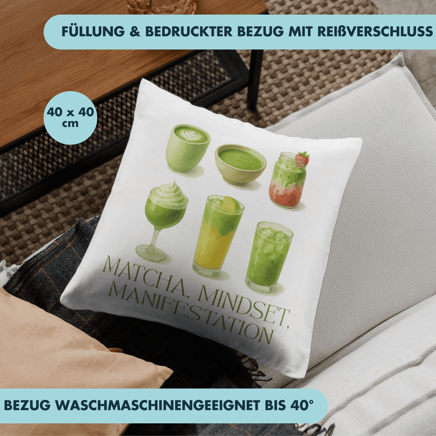 Matcha Mindset Manifestation Drinks Deko Kissen
