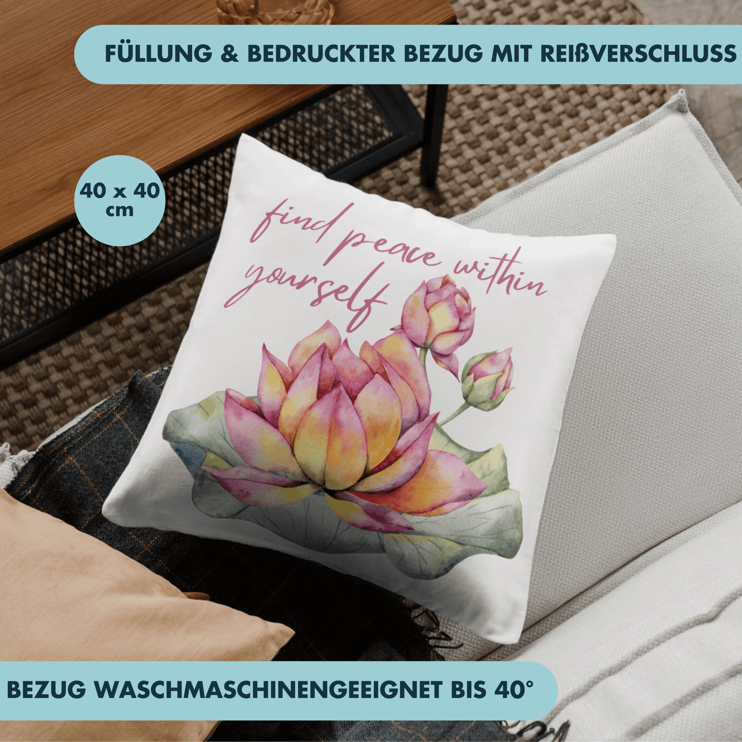 Find Peace Within Yourself Zen Lotus Deko Kissen