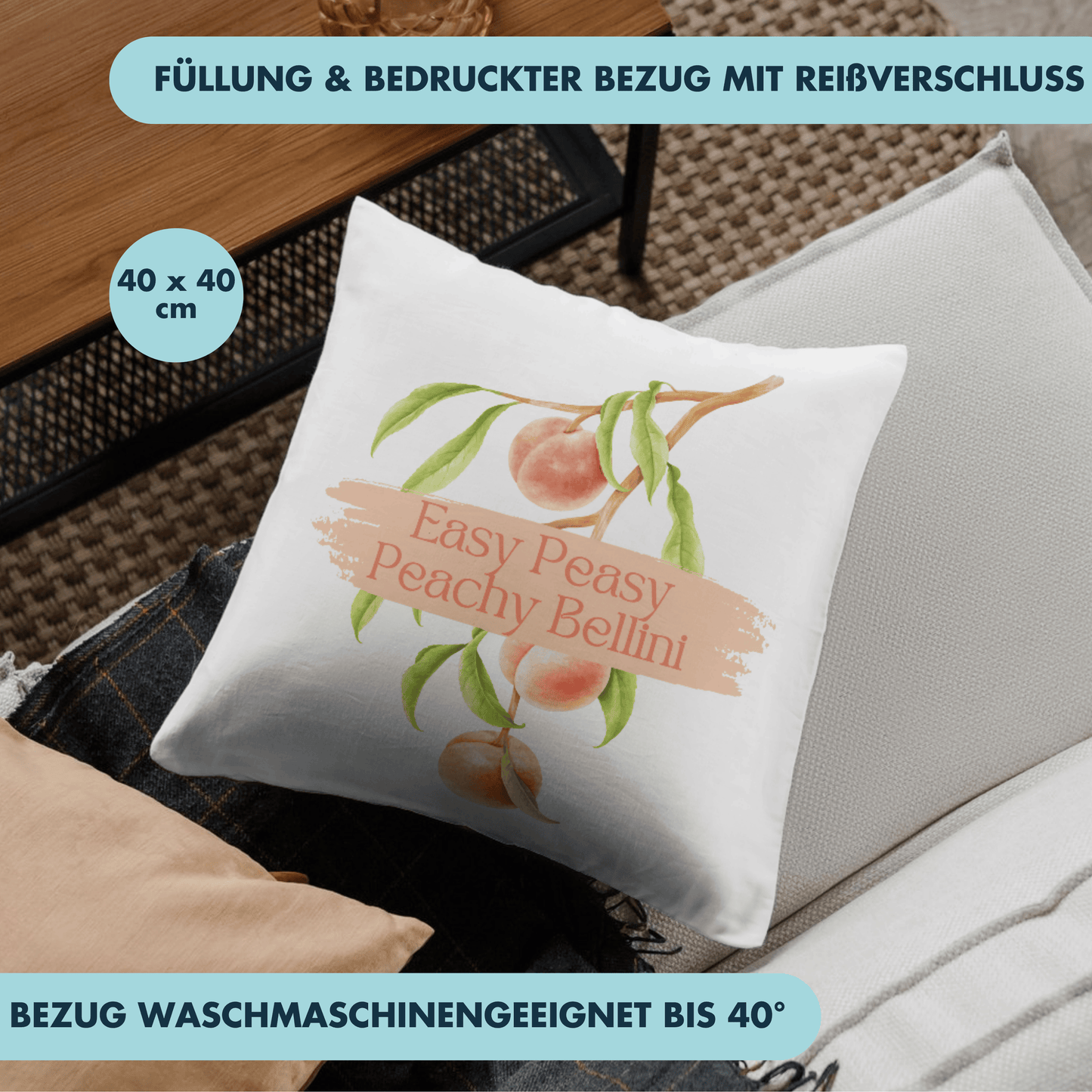 Easy Peasy Peachy Bellini Cocktail Pfirsich Deko Kissen