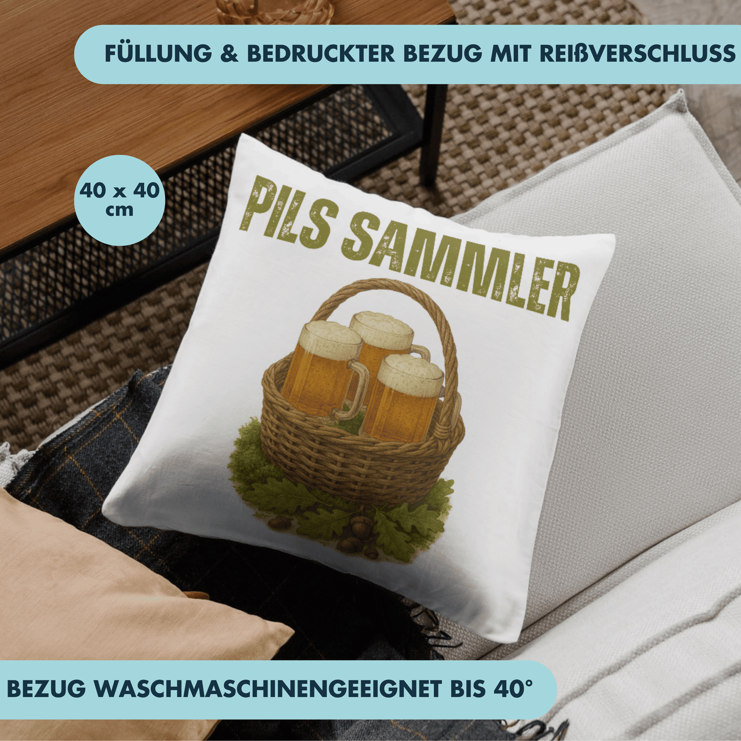 Pils Sammler Bier Pilz Wortspiel Deko Kissen