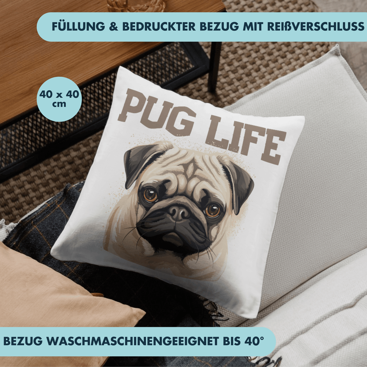Pug Life Mops Hund Deko Kissen