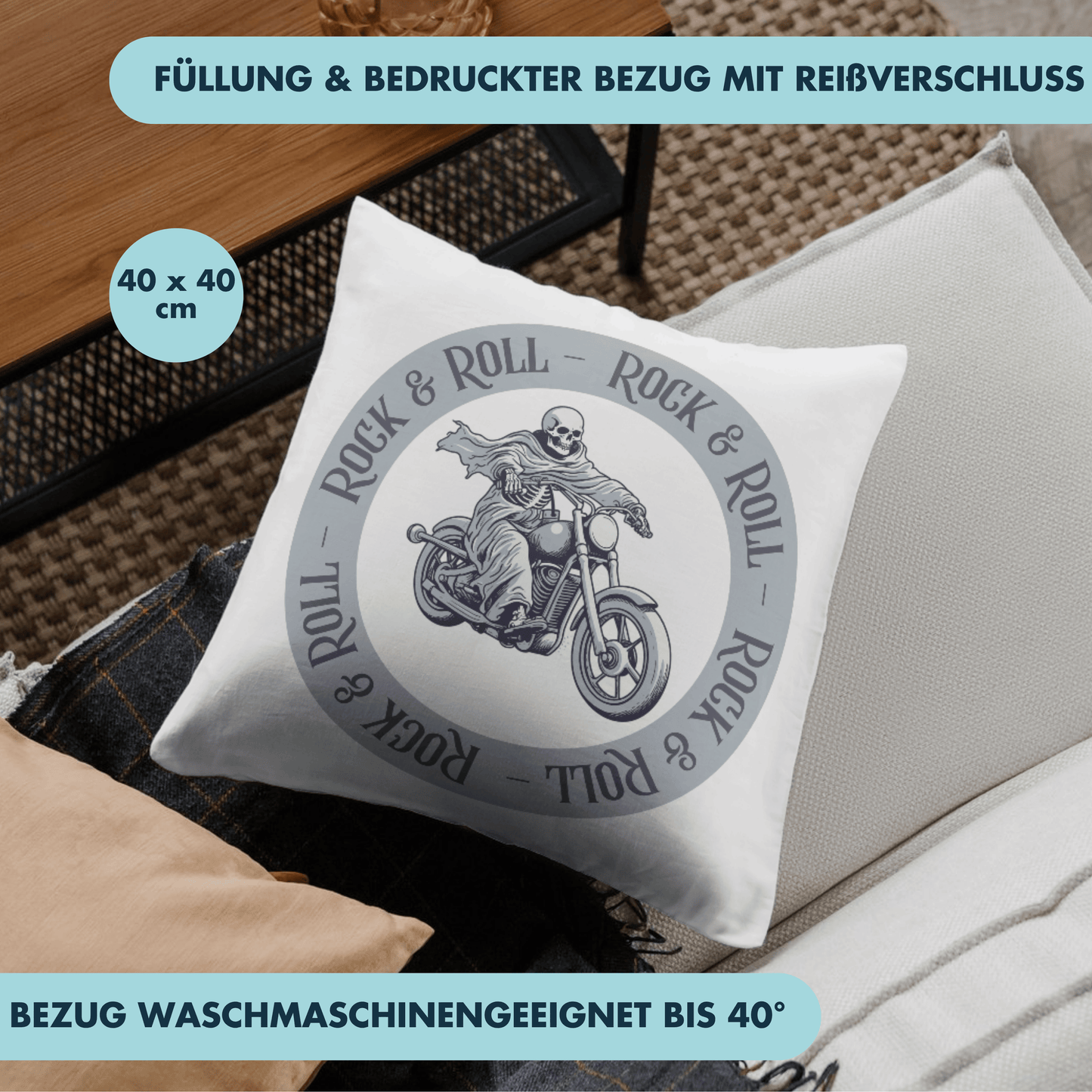 Rock and Roll Motorrad Skelett Biker Deko Kissen