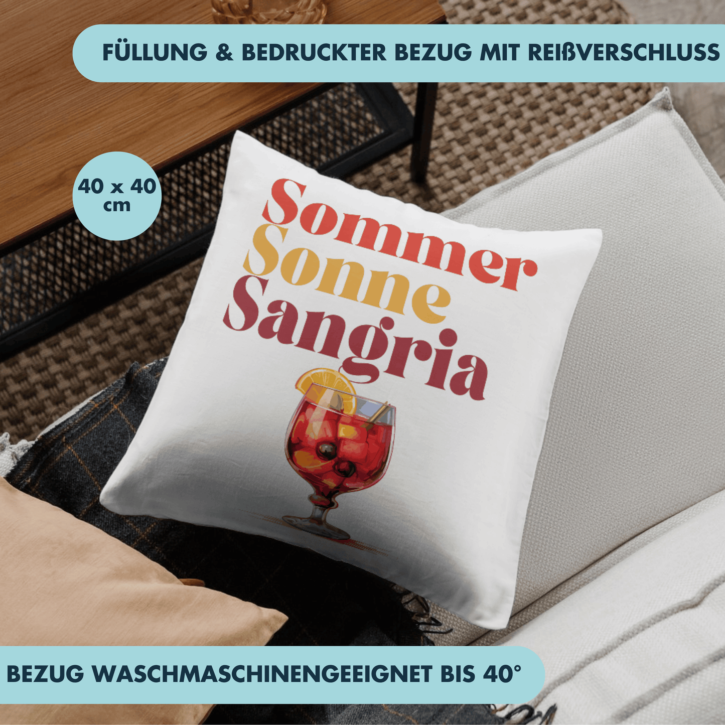 Sonne Sommer Sangria Wein Cocktail Deko Kissen