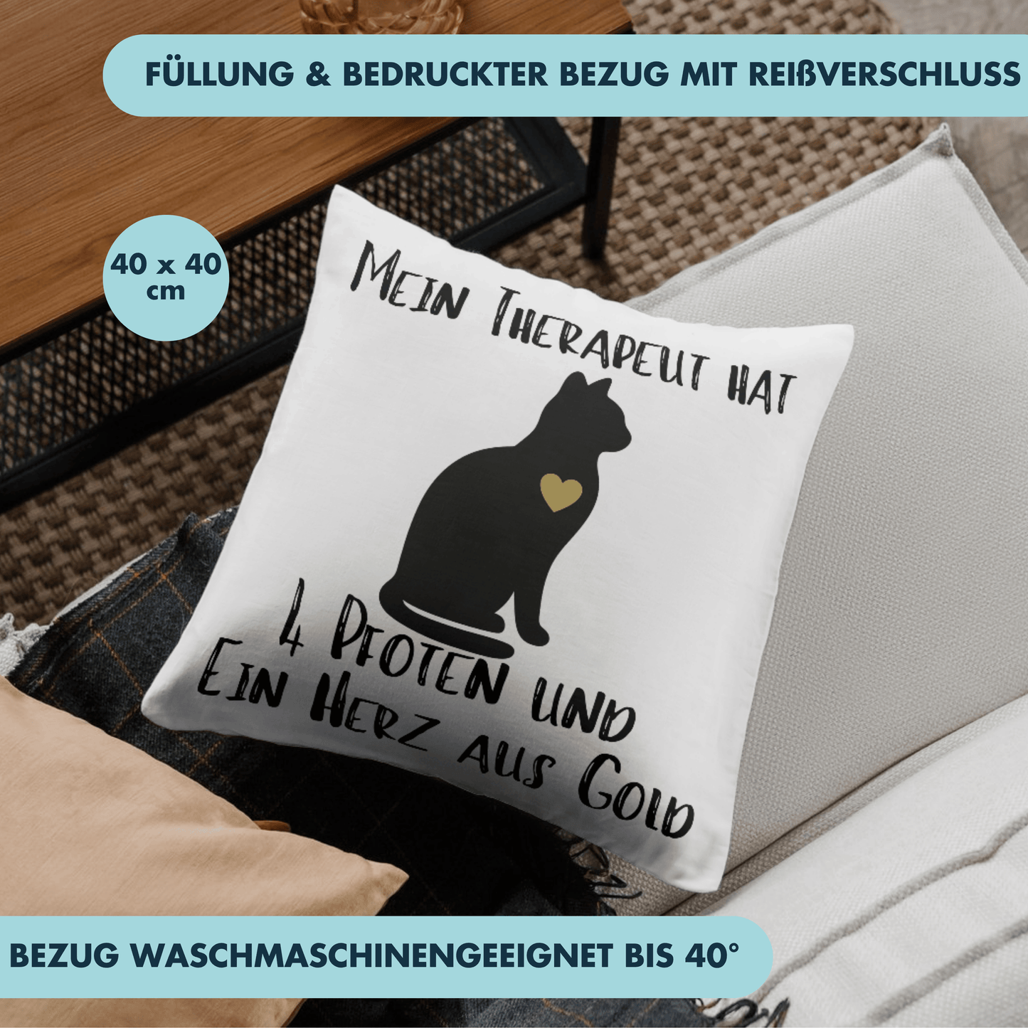 Mein Therapeut Hat 4 Pfoten Und Ein Herz Aus Gold Katze Deko Kissen