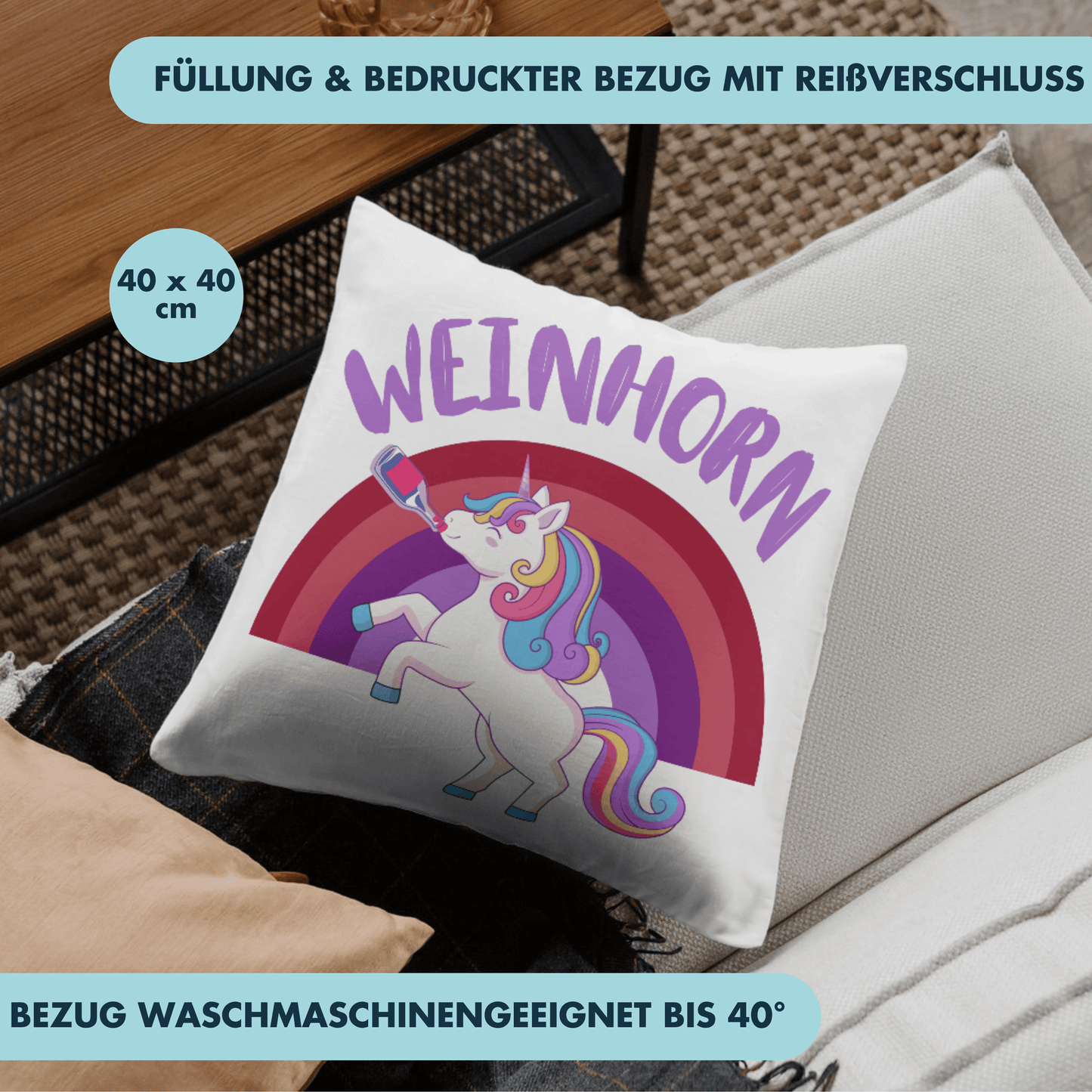 Weinhorn Wein Einhorn Wortspiel Deko Kissen
