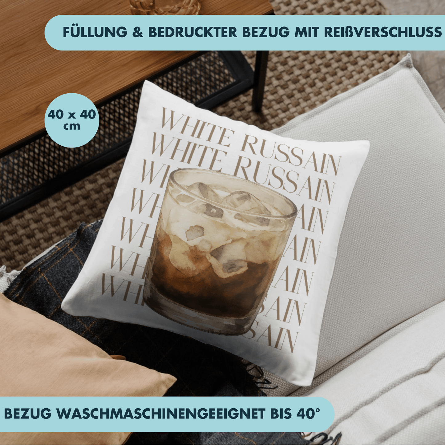 White Russian Cocktail Deko Kissen