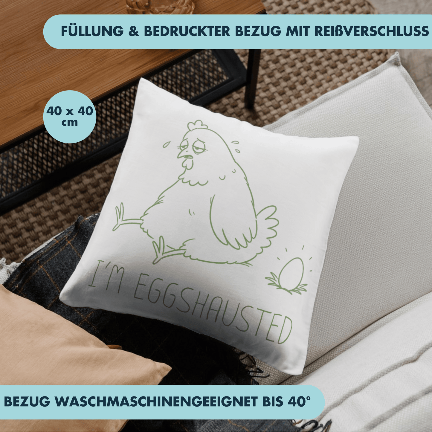 I'm Eggshausted Wortspiel Deko Kissen