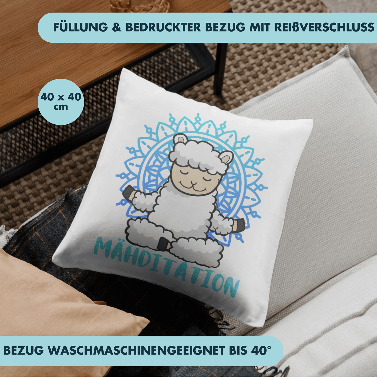 Mähditation Schaf Meditation Wortspiel Deko Kissen