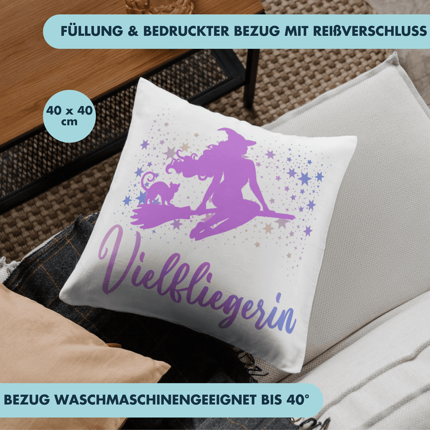 Vielfliegerin Hexe Besen Deko Kissen