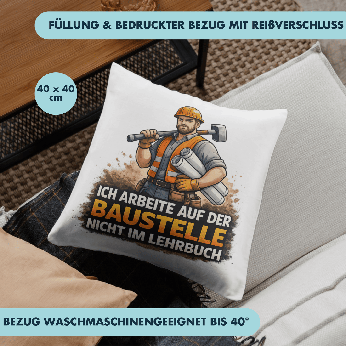 Ich Arbeite Auf Der Baustelle Nicht Im Lehrbuch Spruch Deko Kissen