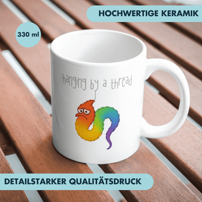 Hanging By A Thread Worm Meme Kaffee Tasse