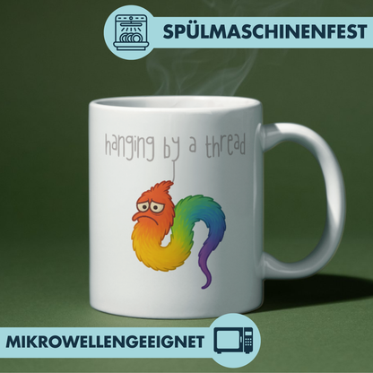 Hanging By A Thread Worm Meme Kaffee Tasse