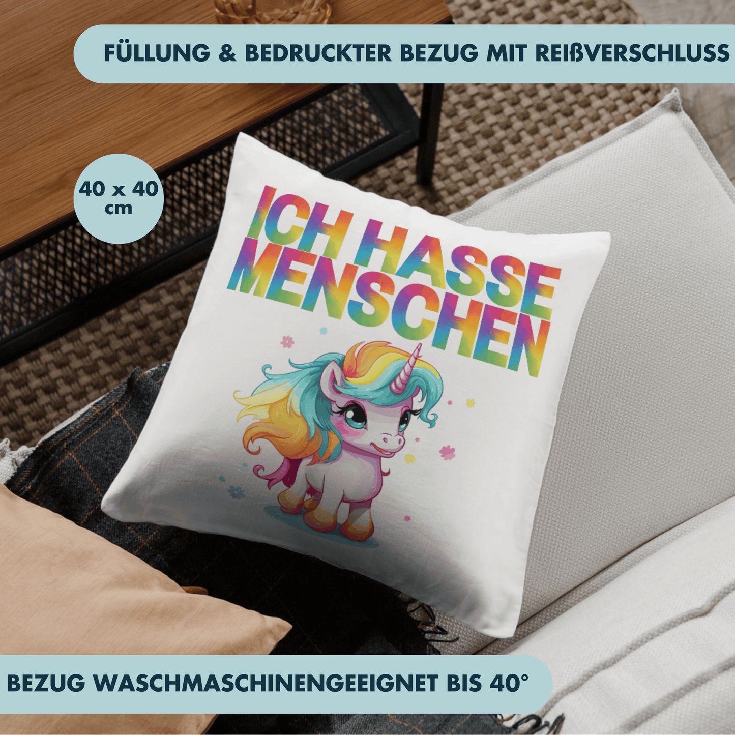 Ich Hasse Menschen Einhorn Regenbogen Menschenhass Deko Kissen