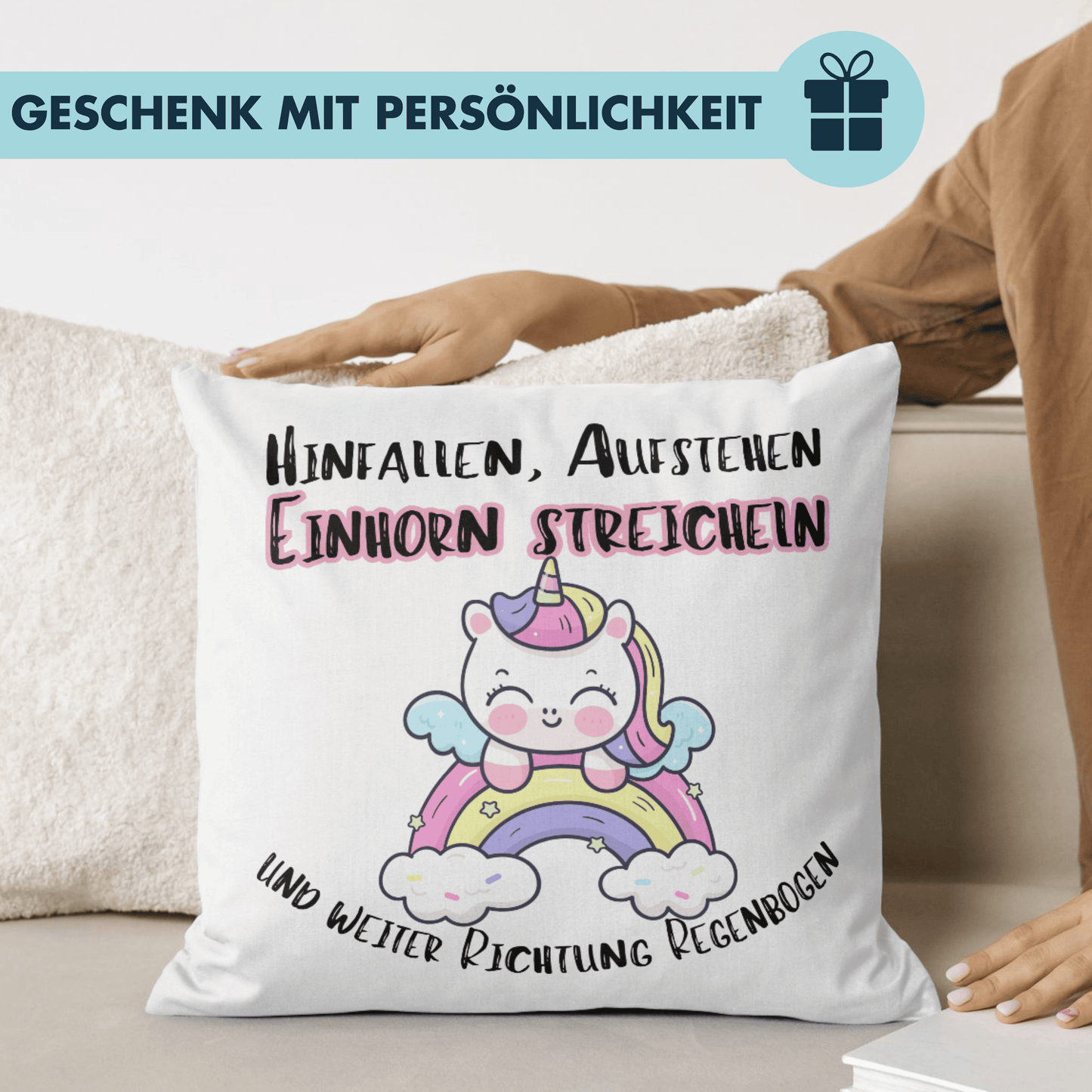 Hinfallen Aufstehen Einhorn Streicheln Und Weiter Richtung Regenbogen Deko Kissen