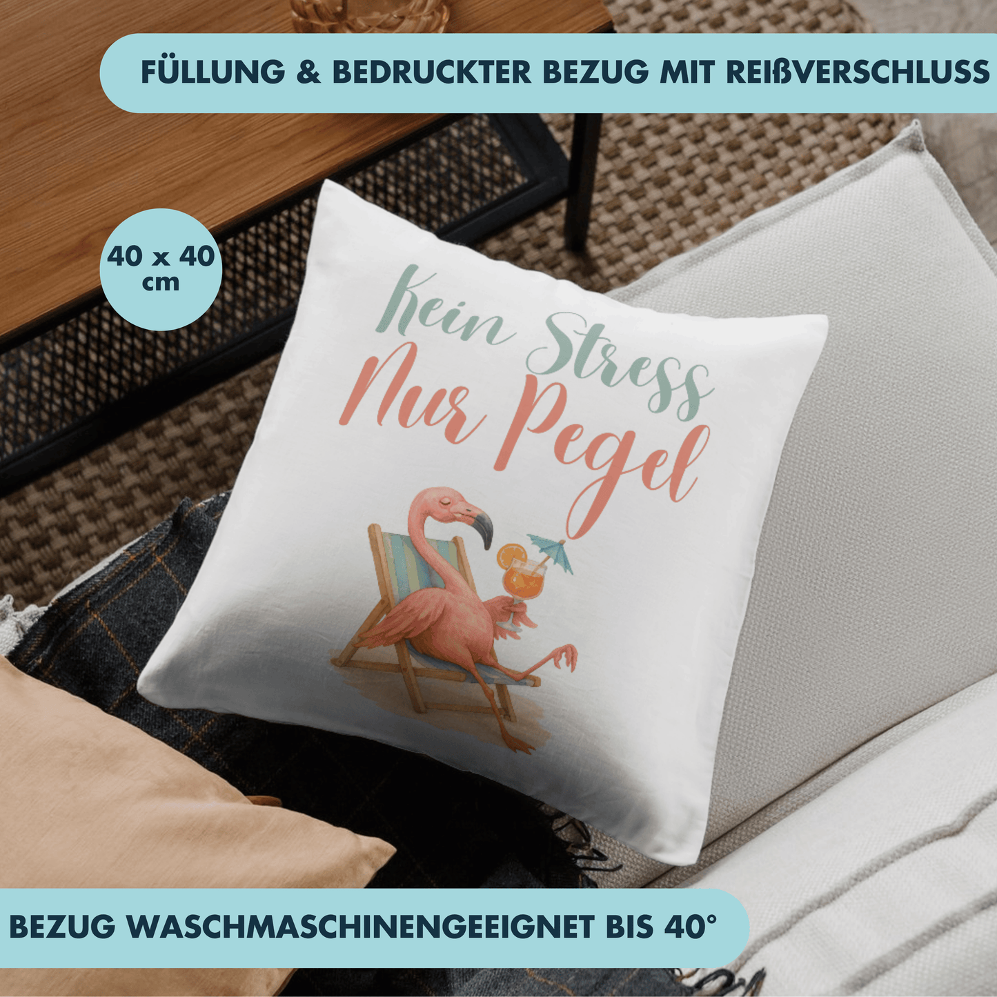 Kein Stress Nur Pegel Flamingo Cocktail Deko Kissen