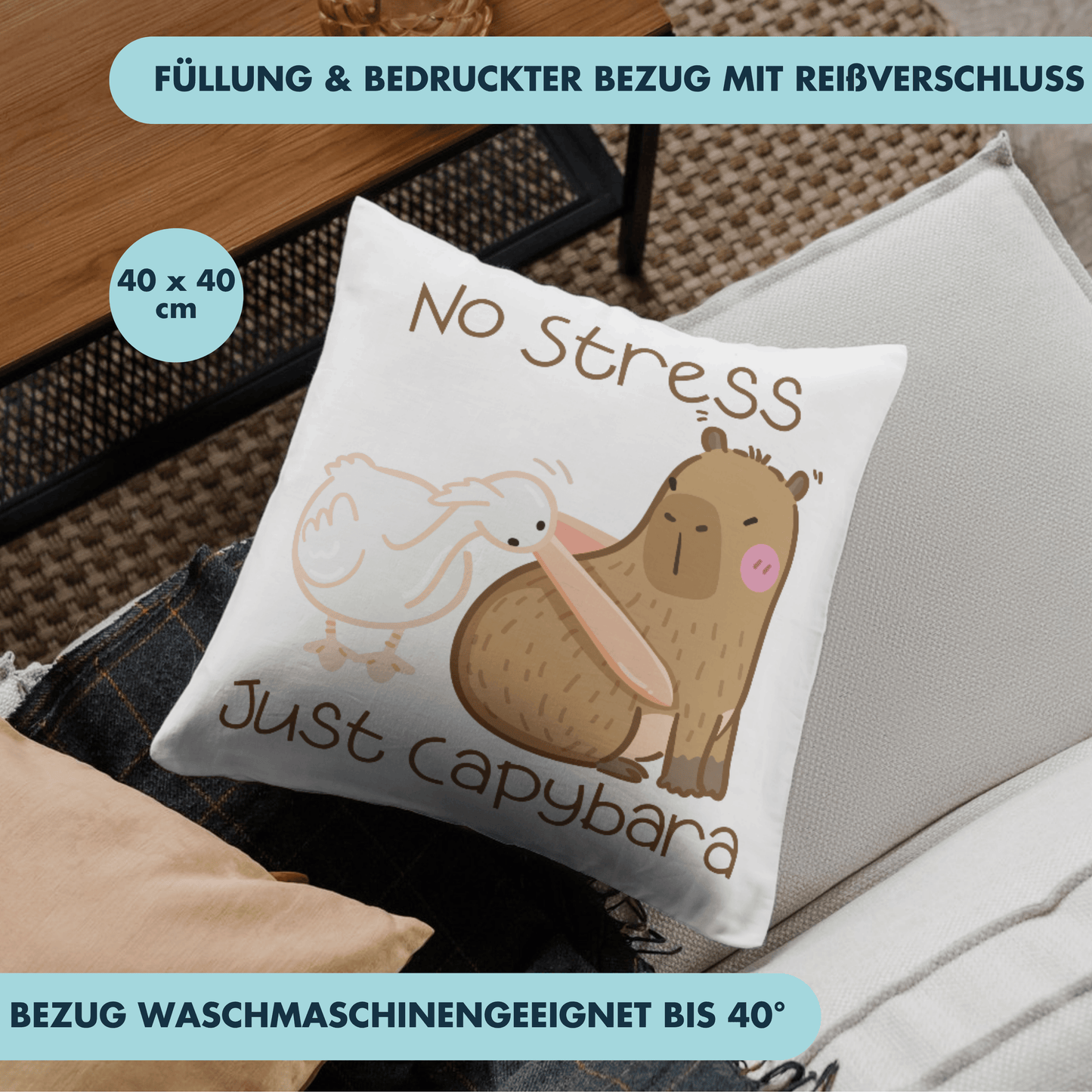 No Stress Just Capybara Wasserschwein Pelikan Meme Deko Kissen