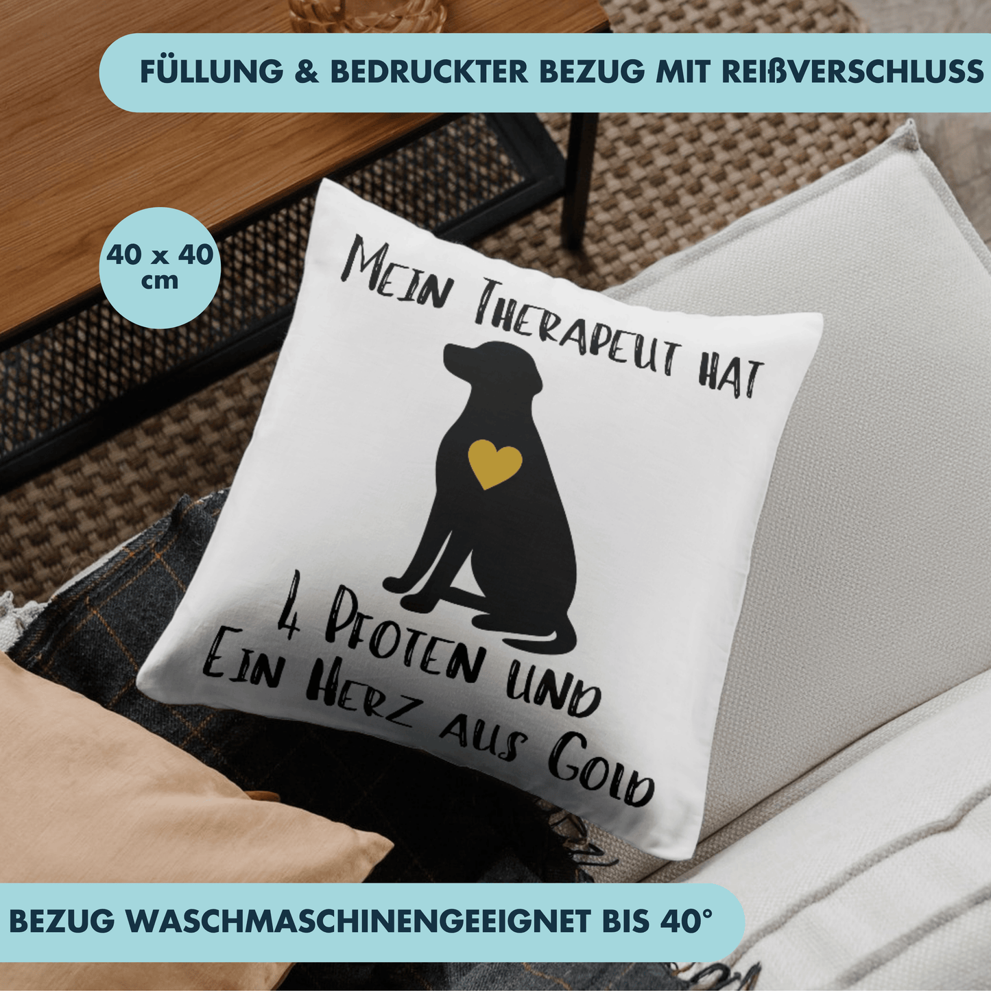 Mein Therapeut Hat 4 Pfoten Und Ein Herz Aus Gold Hund Deko Kissen
