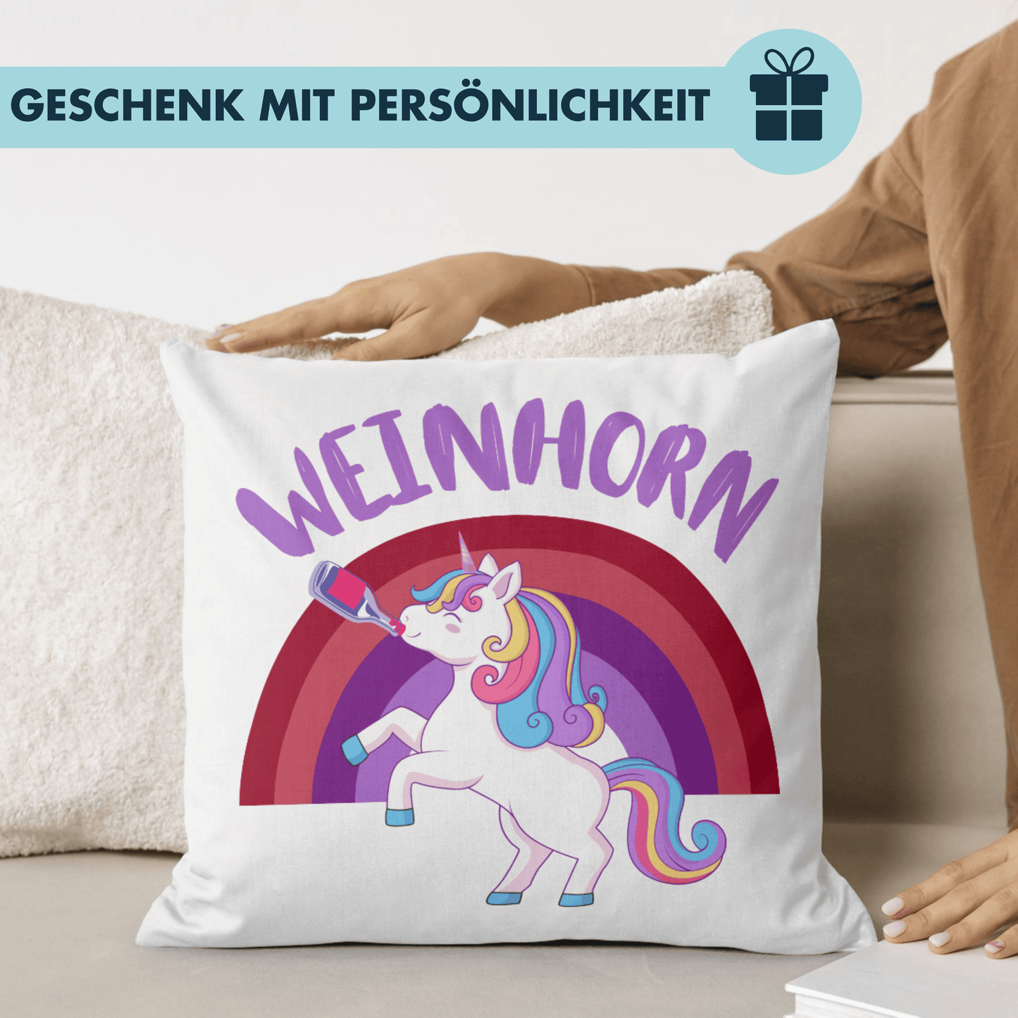 Weinhorn Wein Einhorn Wortspiel Deko Kissen