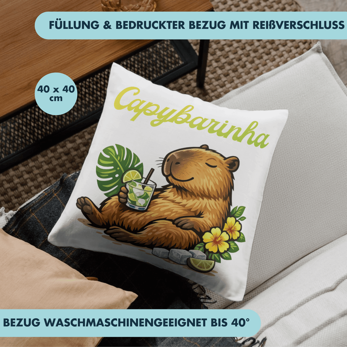 Capybarinha Wortspiel Capybara Cocktail Deko Kissen