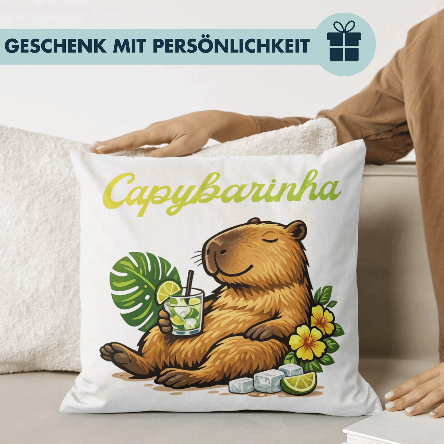 Capybarinha Wortspiel Capybara Cocktail Deko Kissen