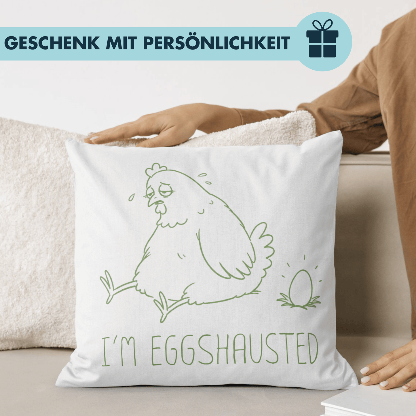 I'm Eggshausted Wortspiel Deko Kissen