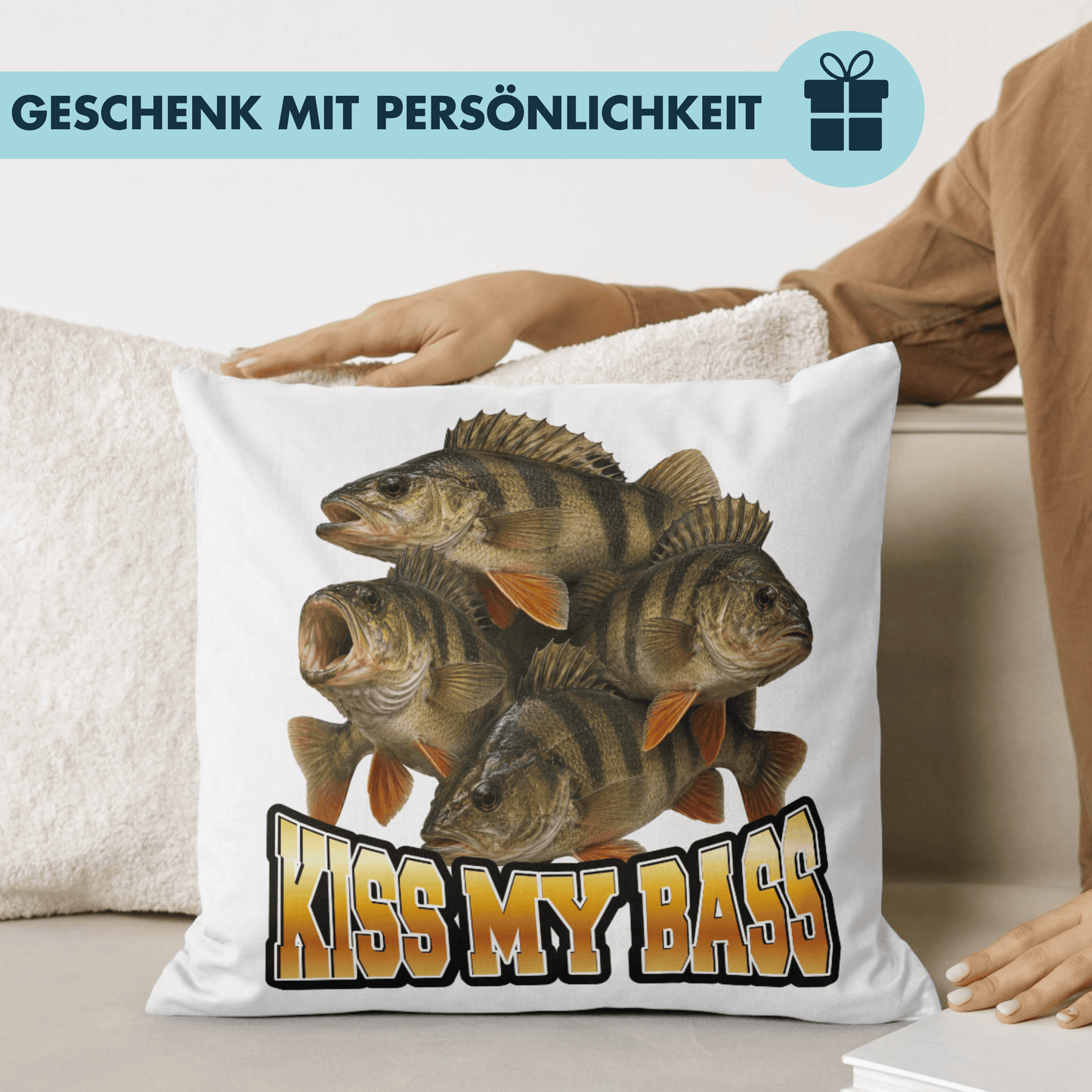 Kiss My Bass Wortspiel Barsch Angeln Deko Kissen