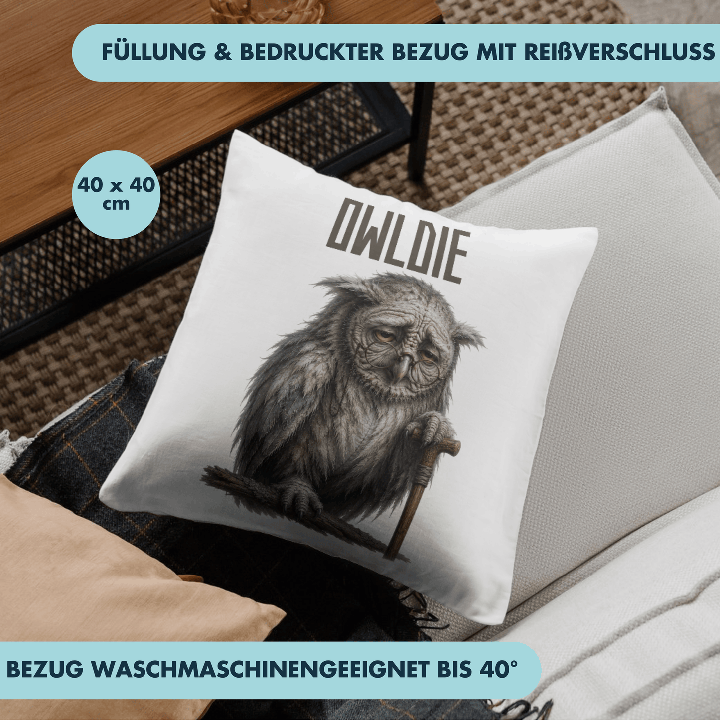 Owldie Wortspiel Oldie Eule Deko Kissen